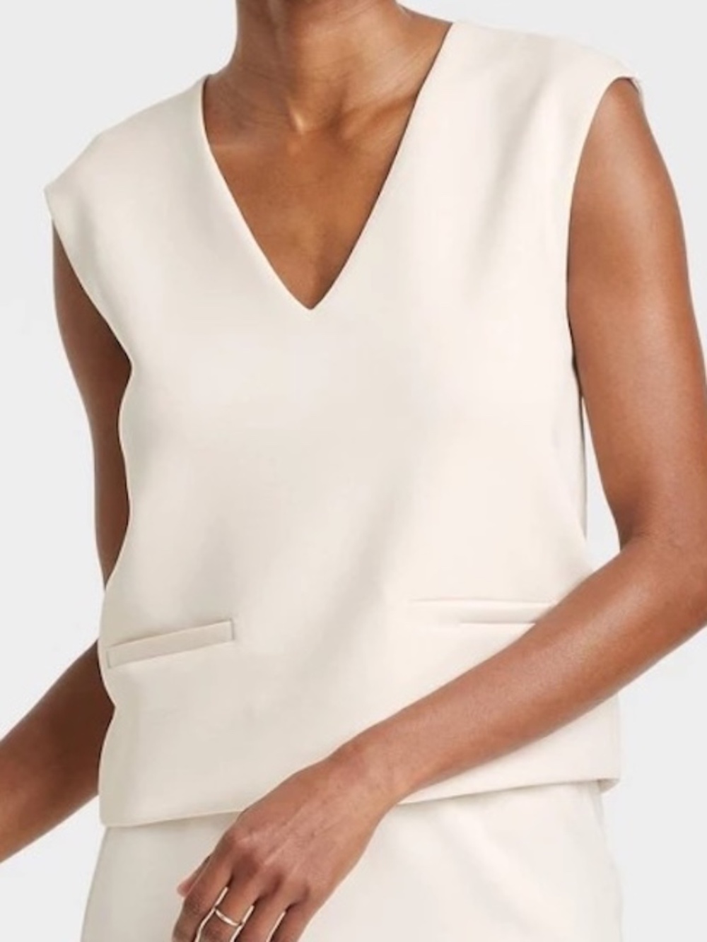 A New Day Womens XS Sandwash Vest Sleeveless Top Cream V-Neck Faux Pockets